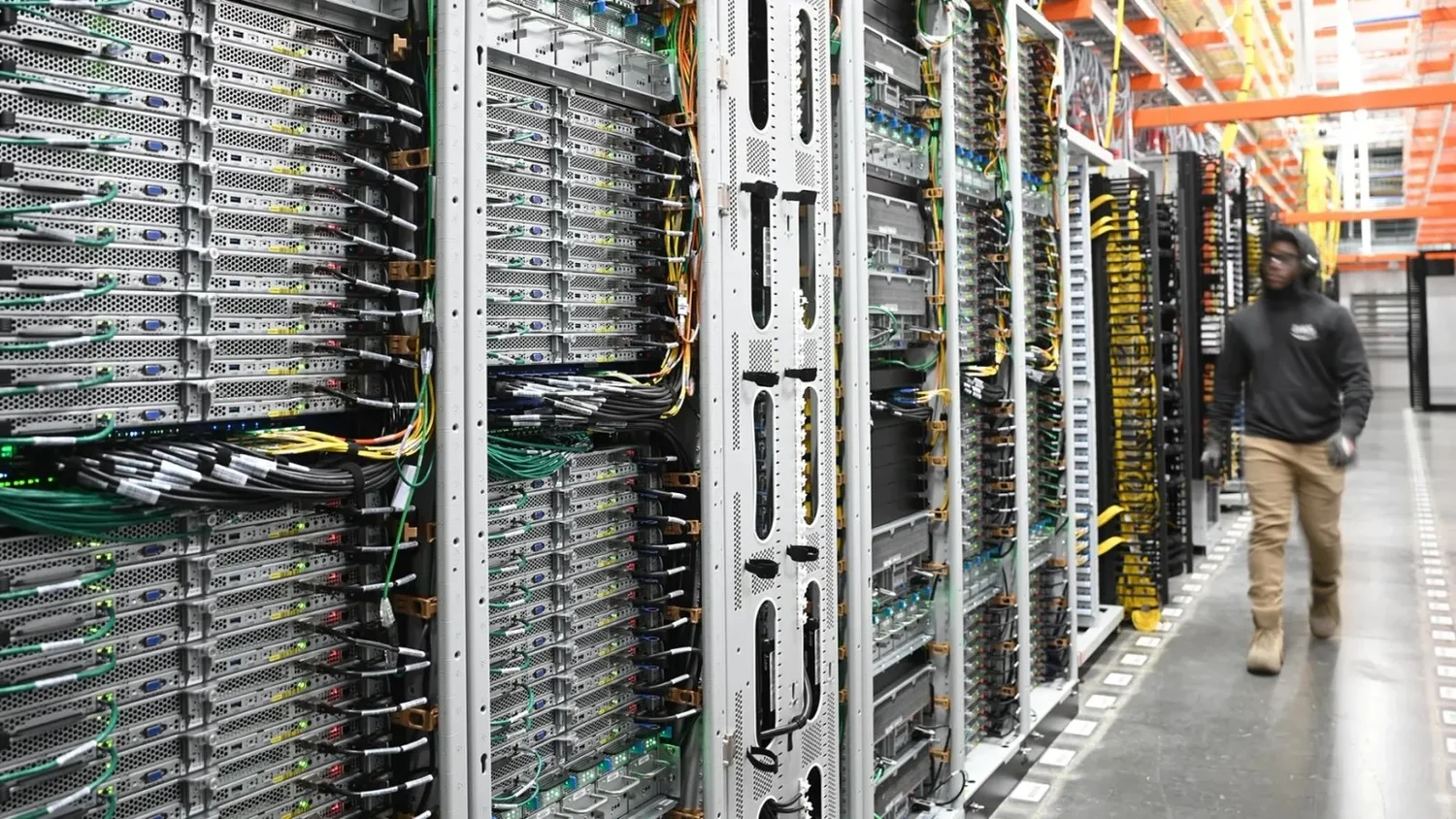 Rows of racks in an operating data center